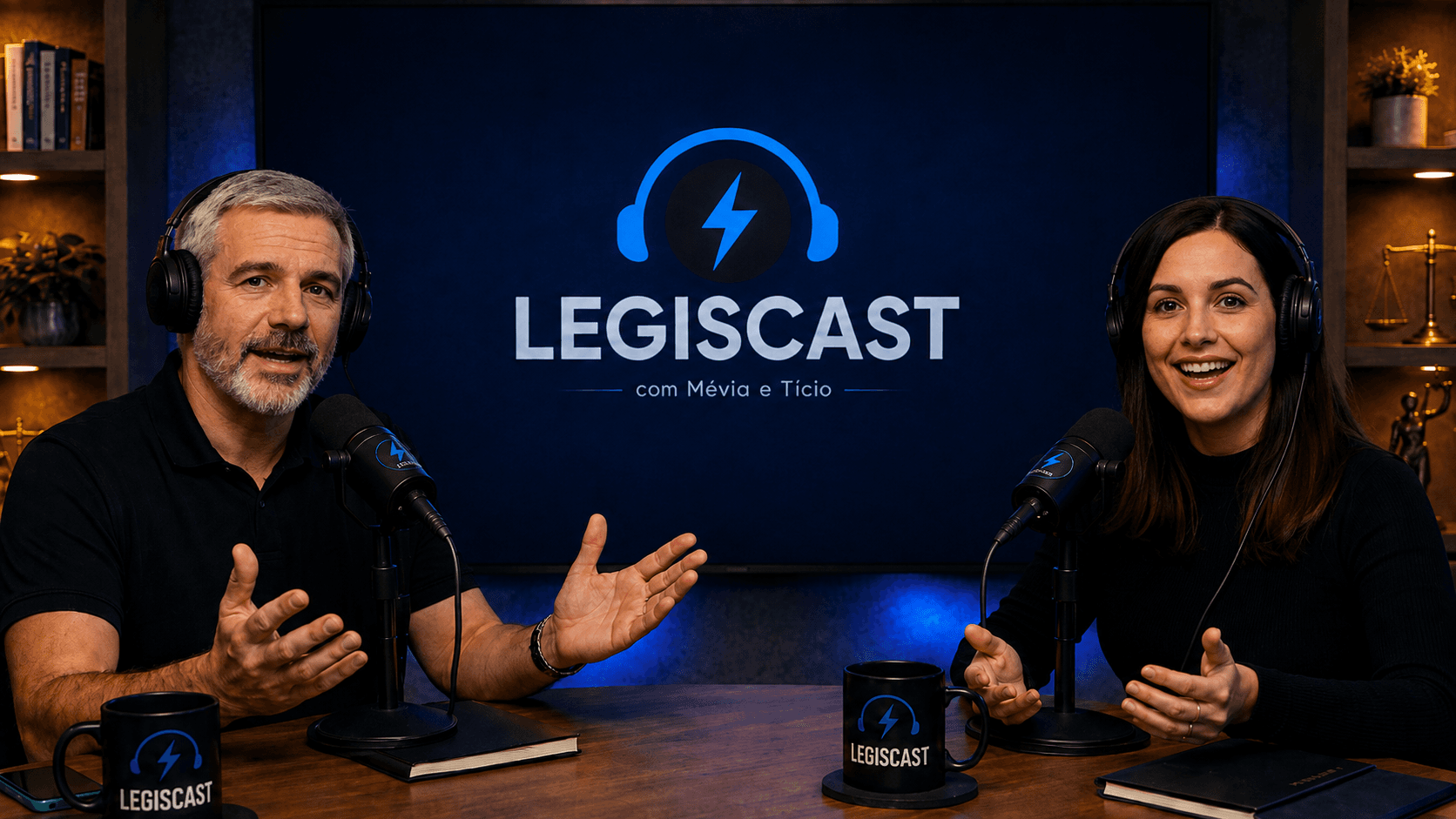 Mévia e Tício apresentando o LegisCast em um estúdio de podcast.